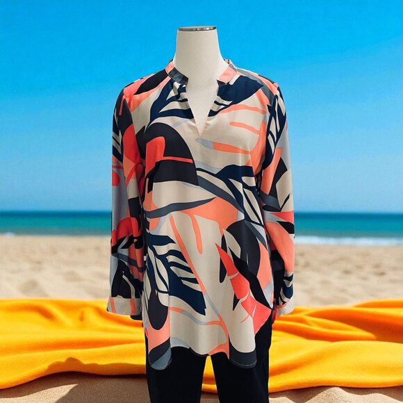 Vince Camuto Tropical Print Blouse Size M Boho Resortwear Workwear Trending - Picture 1 of 11
